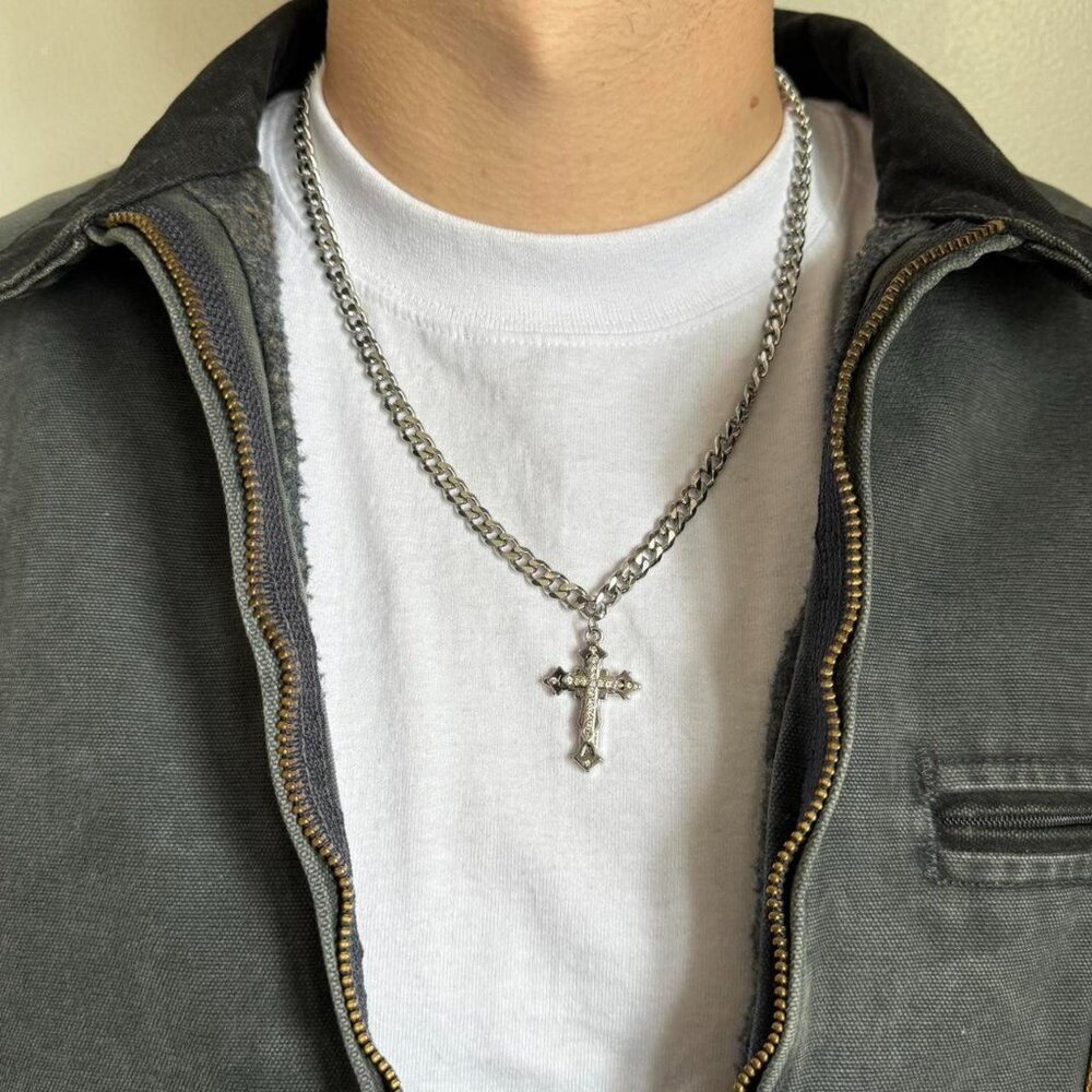 silver style cuban link emo cross pendant necklace